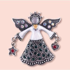 Sweet Angel Pin/ Brooch with Rhinestones, Holding Star & Heart Charms